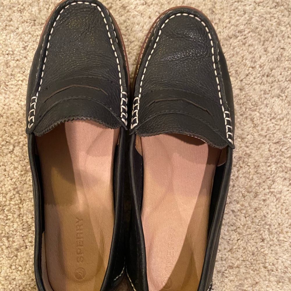 Sperry Women Black Leather Moc Toe Penny Loafers with White Stitching